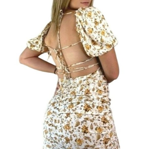 Skylar + Madison Floral Puff Sleeve Strappy Back Mini Dress Ivory Size Small NWT - Picture 3 of 4